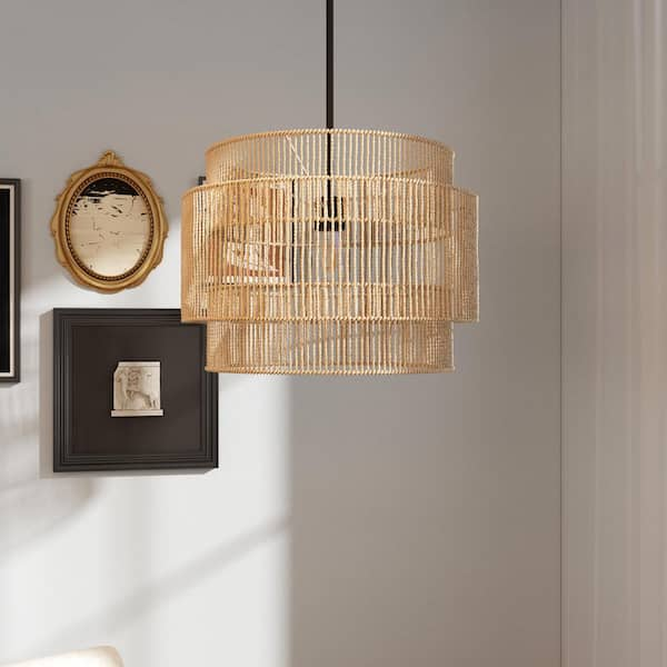 21.6 in. 1-Light Beige Natural Rattan Pendant Light with Black Canopy