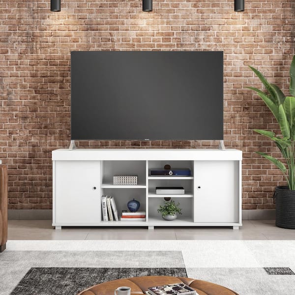TECHNI MOBILI 63 in. W White TV Stand with Storage, Fits TV'S up to 65 in.