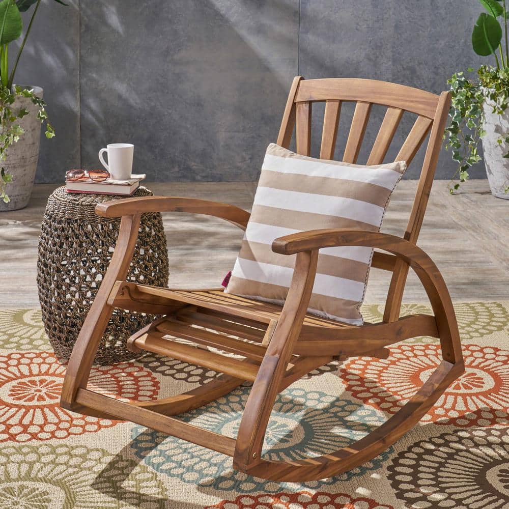 Noble House Sunview Teak Brown Wood Outdoor Rocking Chair with Footrest