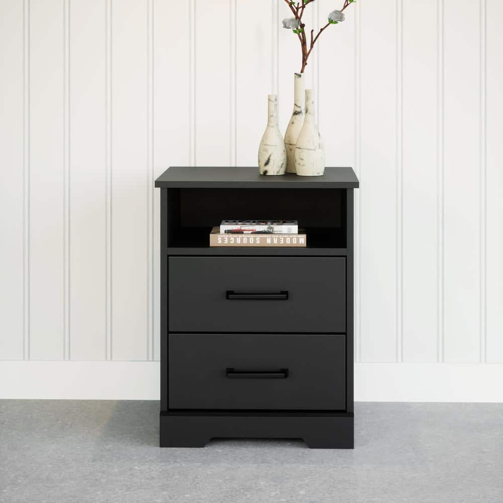 Rustic Black 2-Drawer Nightstand with Open Shelf
