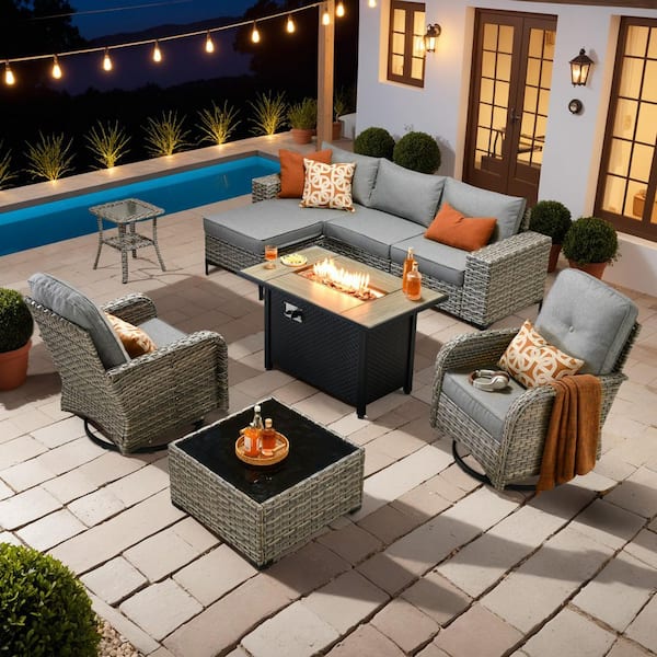 Verano 9-Piece Wicker Outdoor Patio Conversation Sofa Swivel Chairs Set with Metal Fire Pit and Dark Gray Cushions