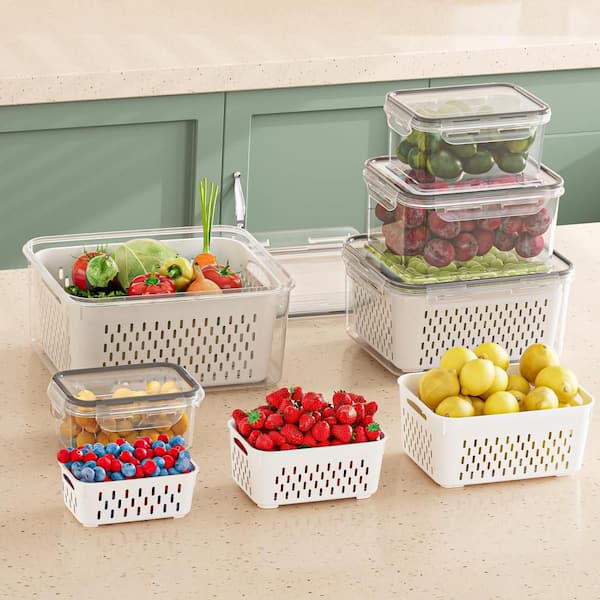 Food Storage Containers for Fridge with Removable Colanders, Lids, Keep Fruits, Vegetables, Berry, Meat Fresh (5-Pack)
