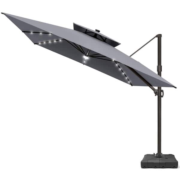 Solar LED 2-Tier 11 ft. Square 360° Rotation Cantilever Patio Umbrella with 220 lbs. Umbrella Base in Gray