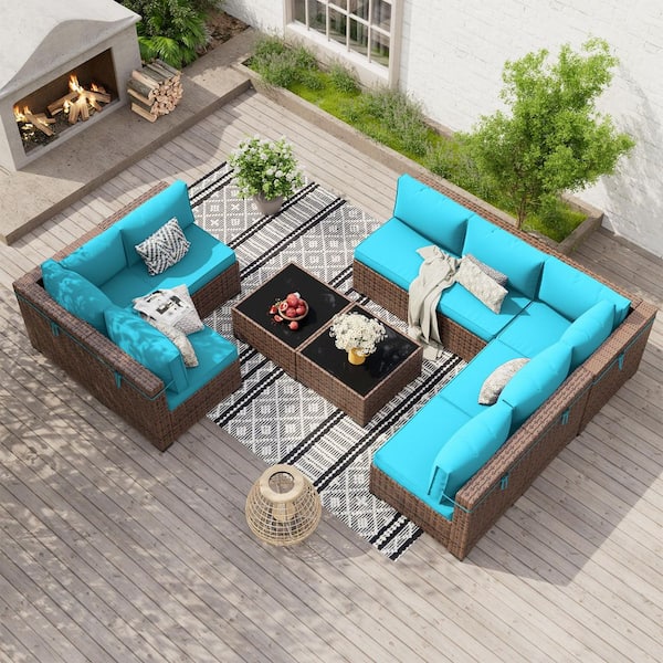 10-Piece Wicker Patio Sectional Conversation Sets With 2 Coffee Table and Sky Blue Cushions