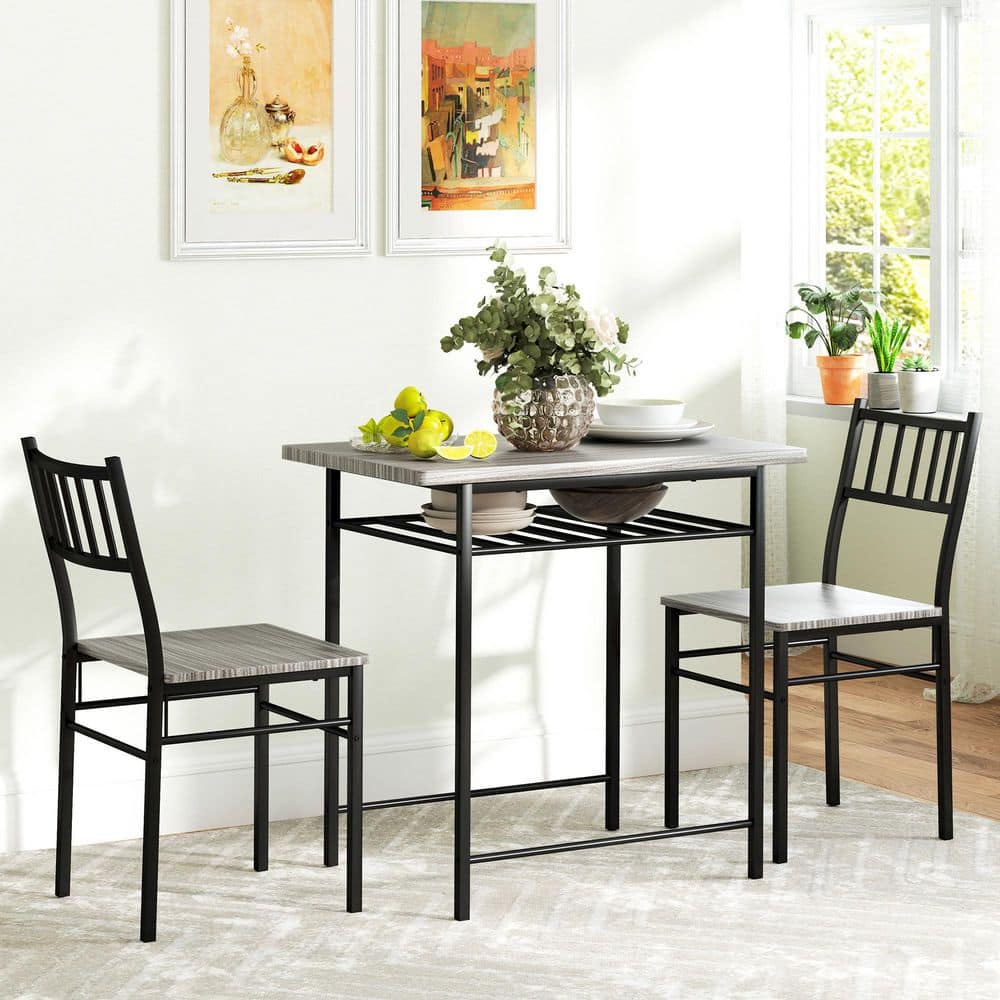 Gray Steel Frame Small Dining Table Set with Storage Rack