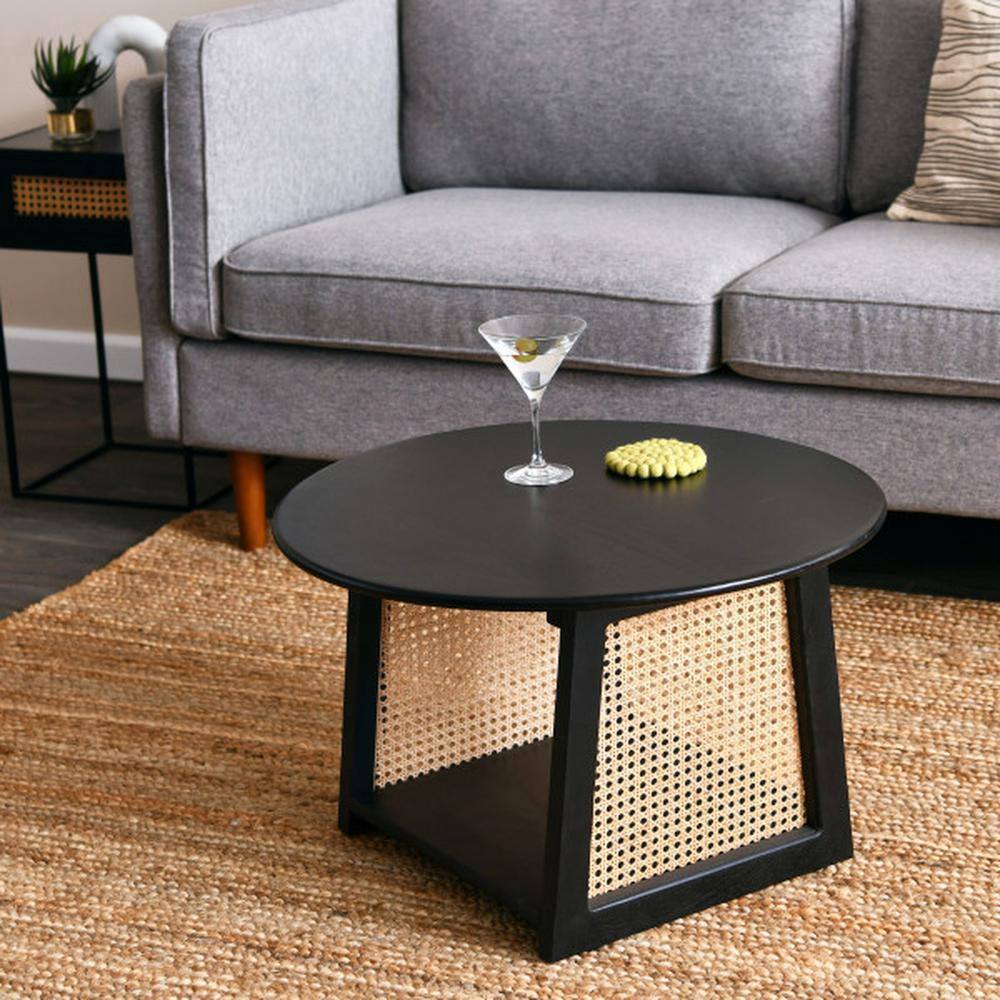 Black Mango Wood and Cane Round Coffee Table with Shelf