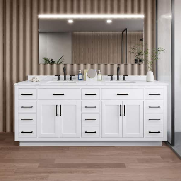 Wyndham Collection Beckett TK 84 in. W x 22 in. D x 35 in. H Double Sink Bath Vanity in White with Matte Black Trim Giotto Quartz Top