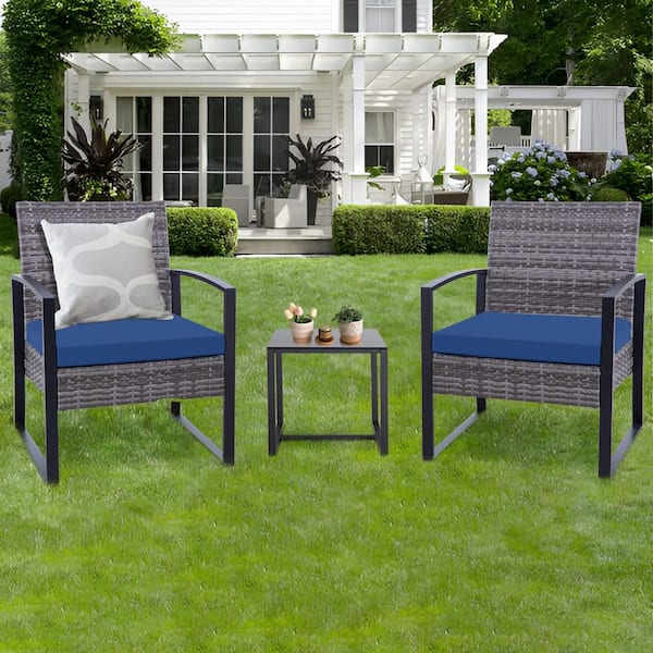 3-Piece Rattan Wicker Patio Conversation Set Outdoor Table and Chairs with Blue Cushions