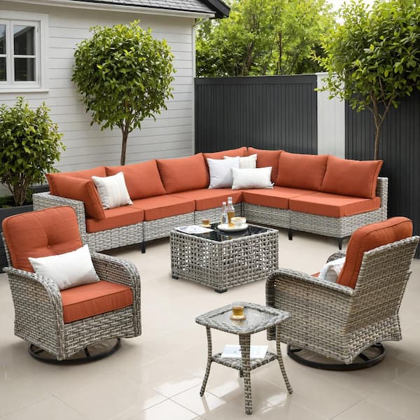 OVIOS Vinceny Gray 10-Piece Wicker Patio Furniture Set with Bold-stripe Orange Red Cushions and Swivel Chairs