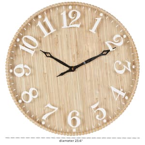 Light Brown Wood Wall Clock with Beaded Wood Frame and White Accents