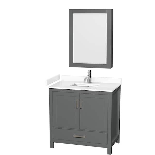 Wyndham Collection Sheffield 36 in. W x 22 in. D x 35 in. H Single Bath Vanity in Dark Gray with White Cultured Marble Top and MC Mirror