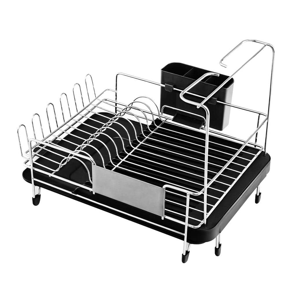 Angeles Home Black Stainless Steel Expandable Dish Rack with Drainboard and Swivel Spout