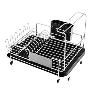 Black Stainless Steel Expandable Dish Rack with Drainboard and Swivel Spout