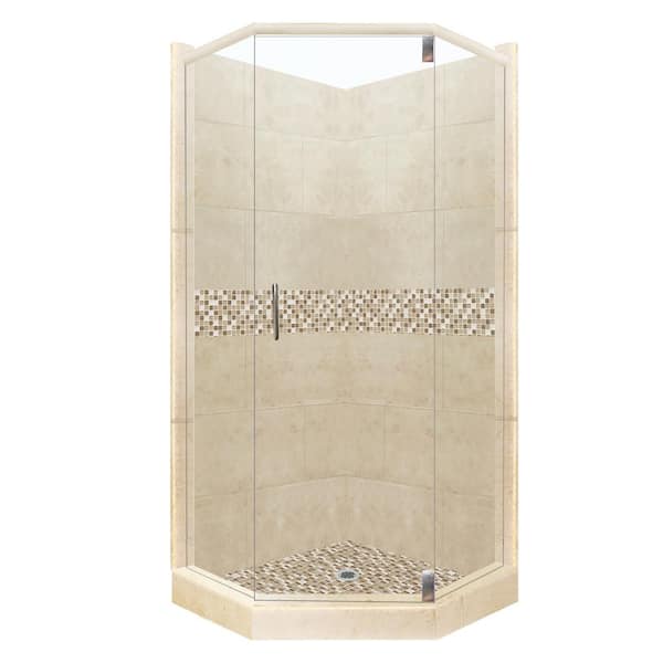 American Bath Factory Roma Grand Hinged 42 in. x 42 in. x 80 in. Neo-Angle Shower Kit in Brown Sugar and Satin Nickel Hardware