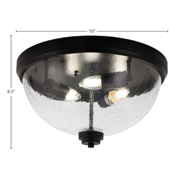 Unbranded Ashland 16 in. 3 Light Matte Black Flush Mount with Smoke Bubble Glass Shade No Bulbs Included
