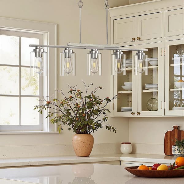60-Watt 5 Light Brushed Nickel Shaded Pendant Light Kitchen Island Lighting with Clear Glass Shade and Adjustable Rods