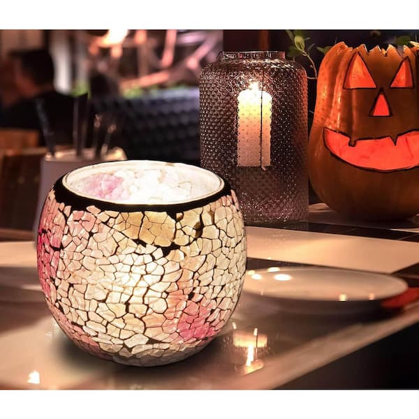 Cherry Blossom Pink Glass Mosaic Cracked Candle Holder, 1-Pack