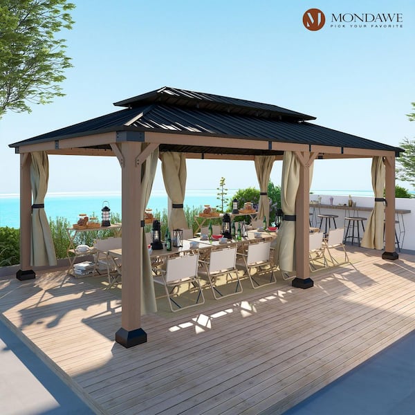 Cedarfort 12 ft. x 20 ft. Outdoor Cedar Wood Frame Hardtop Gazebo with Galvanized Steel Roof and Curtains