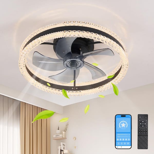 20 in. W Indoor Black Ceiling Fan with Light and Remote Control and Light-LED Crystal Flush Mount Fan Lamp