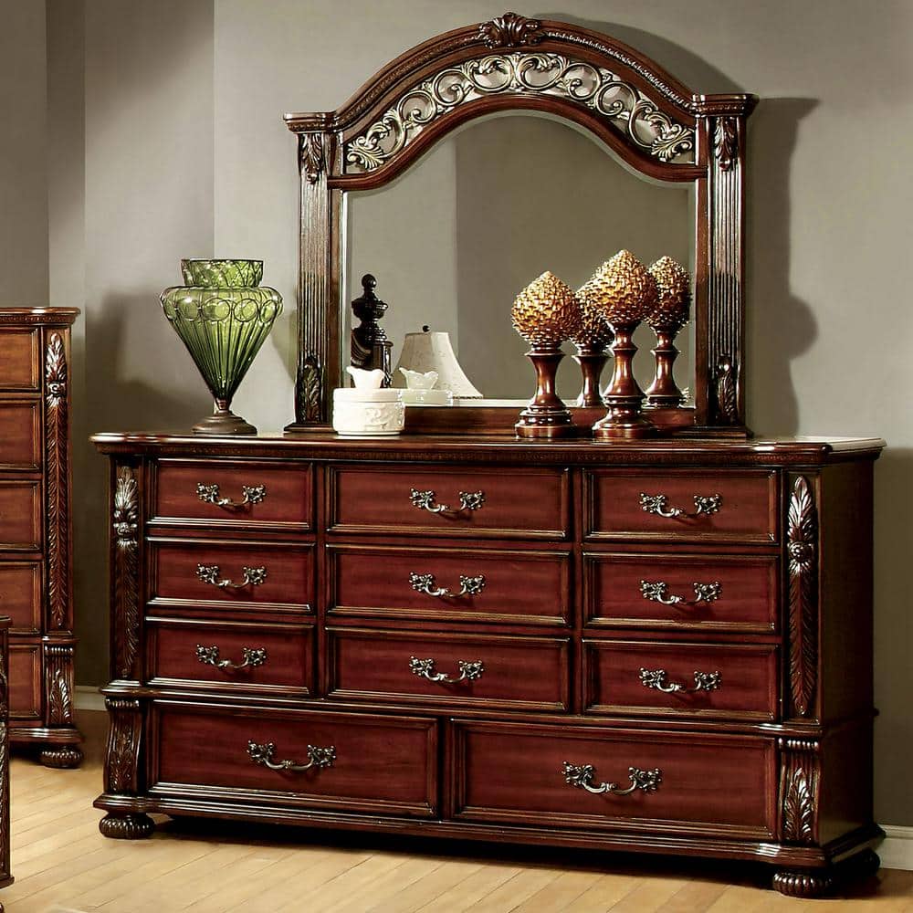 Colady Brown Cherry 11 Drawer 68 in. Dresser with Mirror