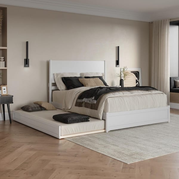 Ronan White Wood Frame Queen Platform Bed with Footboard and Twin XL Trundle