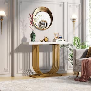 Benjamin 40 in. White Gold Console Table Modern Faux Marble Entryway Narrow Accent Sofa Geometric Metal Legs Hallway