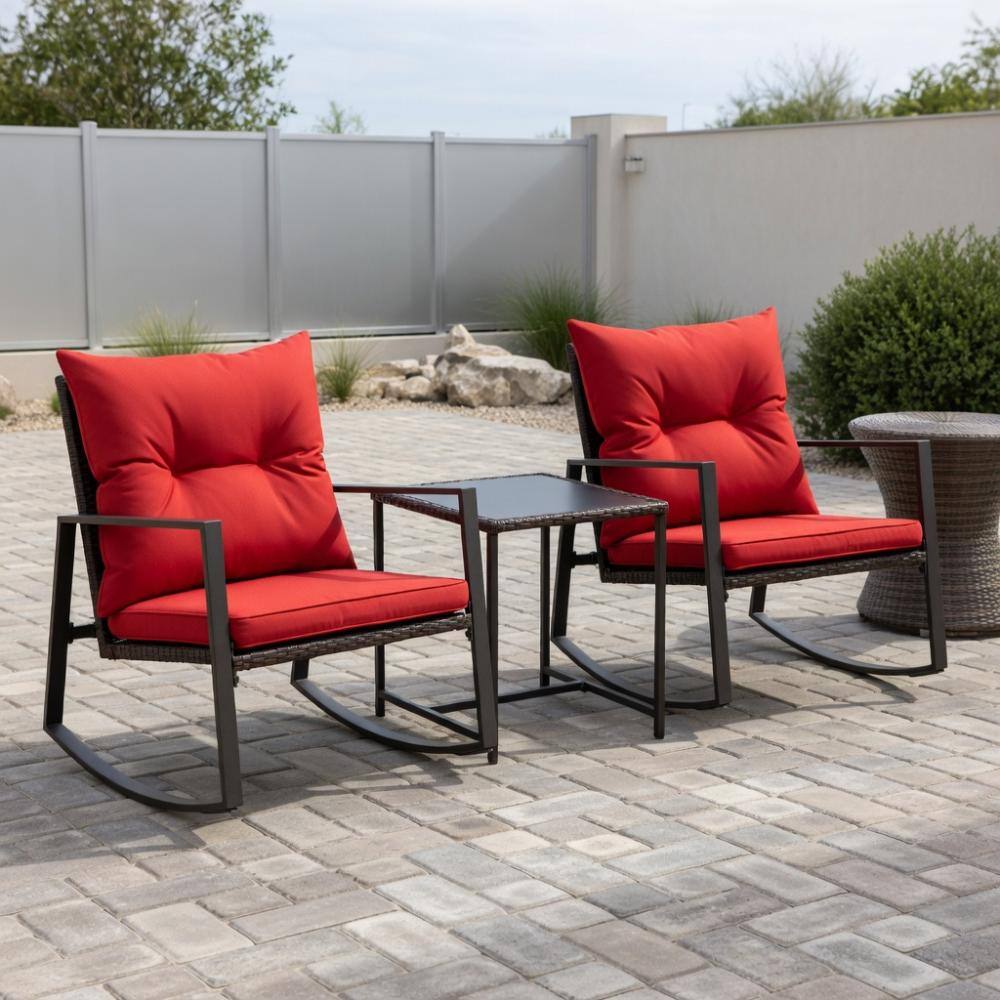 3-Piece Outdoor Rocking Bistro Set, PE Wicker Chairs, Beige Cushions & Tempered Glass Table price history on PriceWatchPro