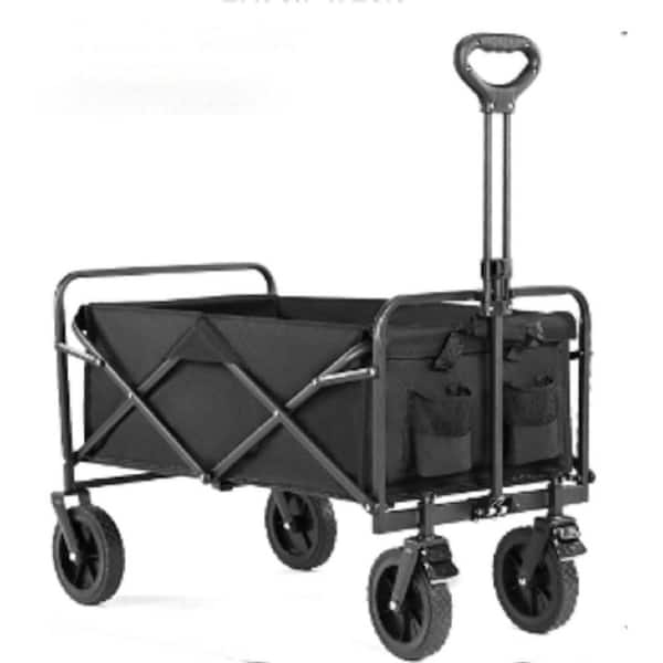 Folding Wagon Cart with Wheels, Foldable Grocery Cart, Serving Cart in Black