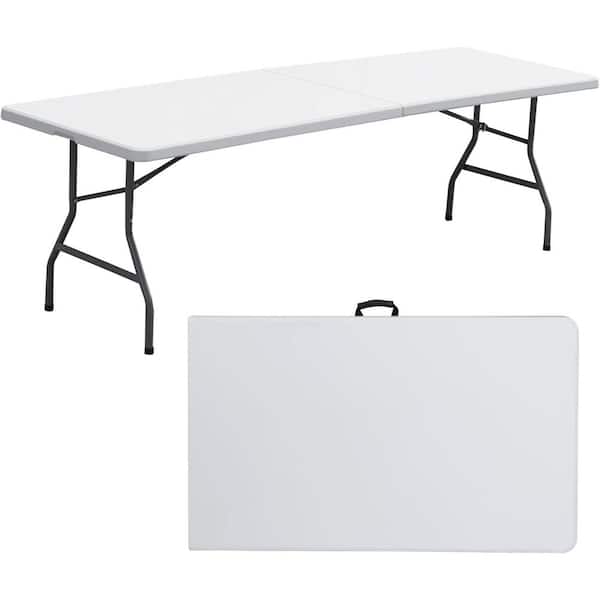 Yangming 95 in. W White Rectangle Steel Frame Picnic Table Folding Seats 8-People with Portable Carrying Handle for Camping
