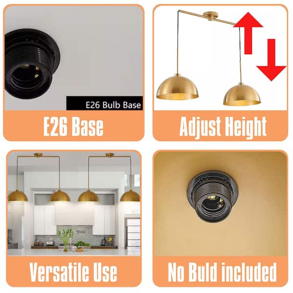 41 in. 2-Light Gold Industrial Modern Copper Double Pendant Light-Adjustable Ceiling Hanging Lamp,Bright Finish,No Bulbs