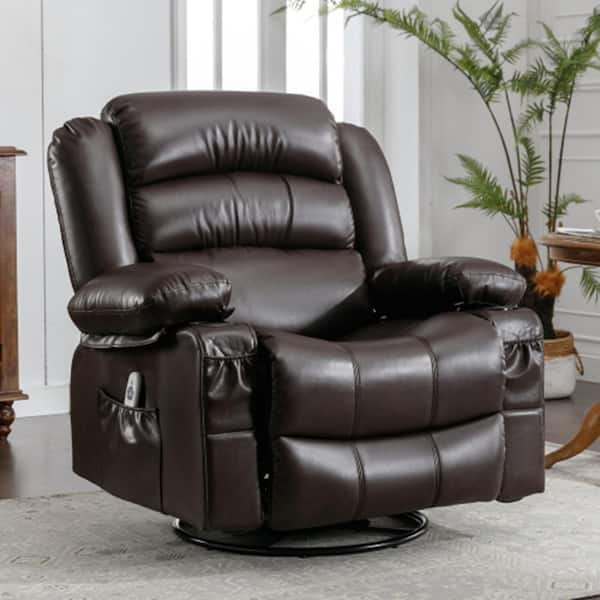 Brown Fabric Recliner Massage Swivel Rocker Recliner with 2-Cup Holdersand USB Charge Port