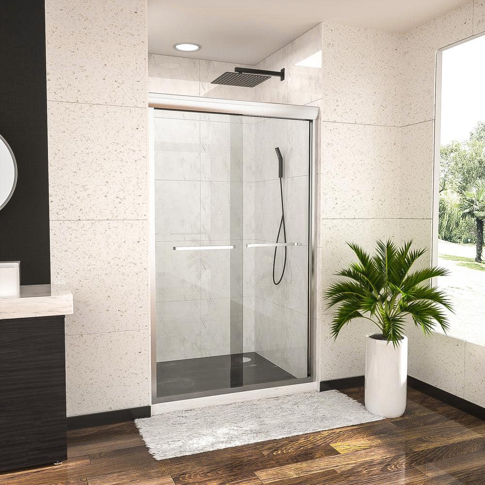 49 in. W x 76 in. H Sliding Semi Frameless Tub Door in Chrome with Tempered