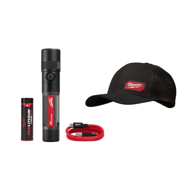 1100 Lumens LED USB Rechargeable Twist Focus Flashlight with Gridiron Black Adjustable Fit Trucker Hat