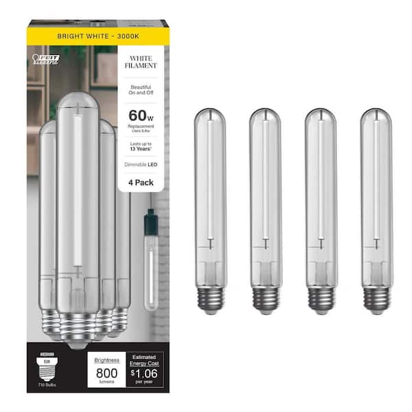 60W Equivalent T10L Dimmable Straight White Filament Clear E26 Vintage Edison LED Light Bulb Bright White 3000K (4-Pack)