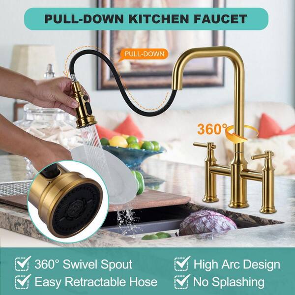 ARCORA Double Handle Bridge Kitchen Faucet with Pull-Down Spray