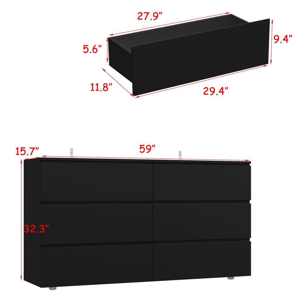 Black 6-Drawers 59 in. W Wooden Dresser without Mirror, Chest of Drawers, Storage Sideboard - thumbnail 4