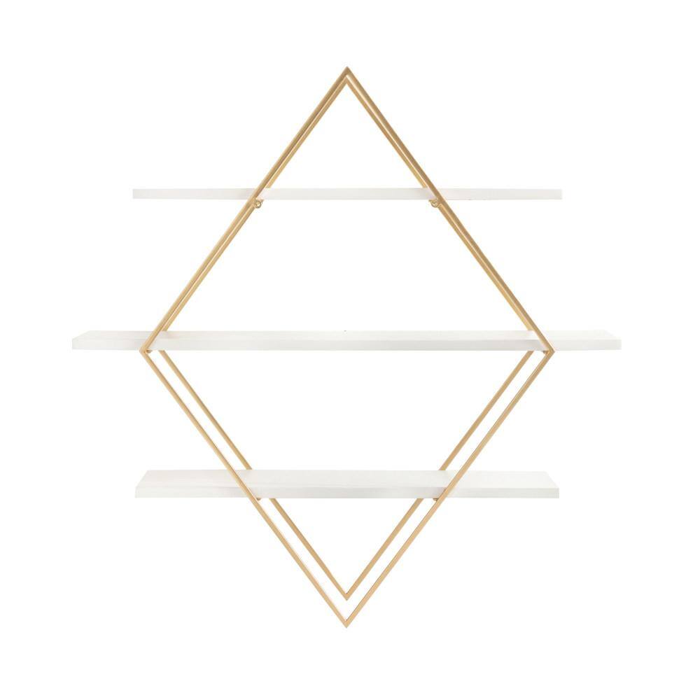 White and Gold Diamond Floating Wall Shelf with Wooden Accents