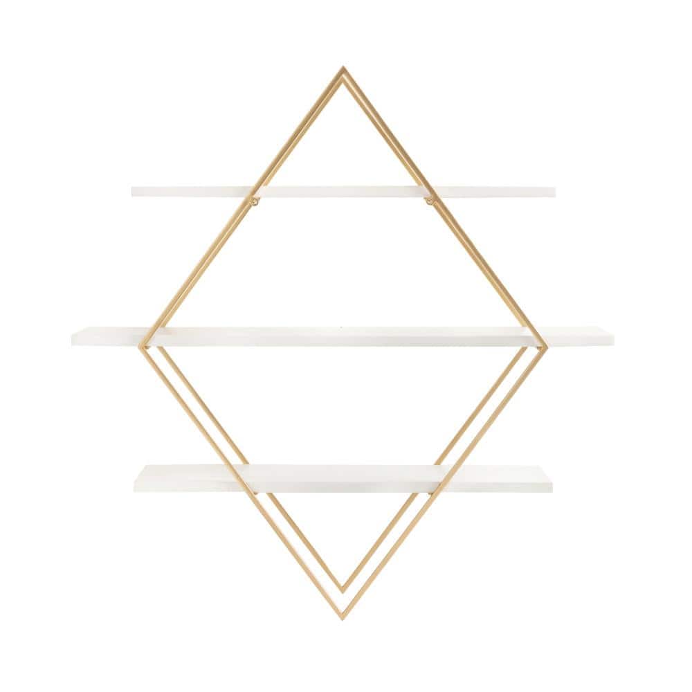 White and Gold Diamond Floating Wall Shelf with Wooden Accents