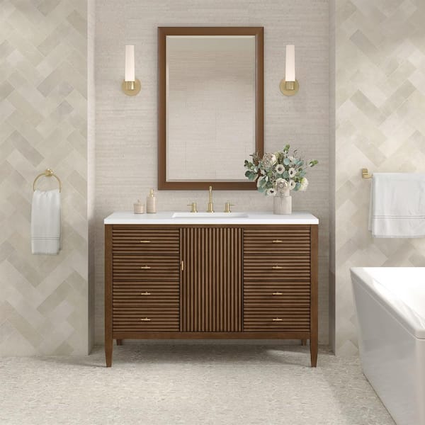 Myrrin 48.0 in. W x 23.5 in. D x 34.06 in. H Single Bathroom Vanity Mid-Century Walnut and White Zeus Quartz Top
