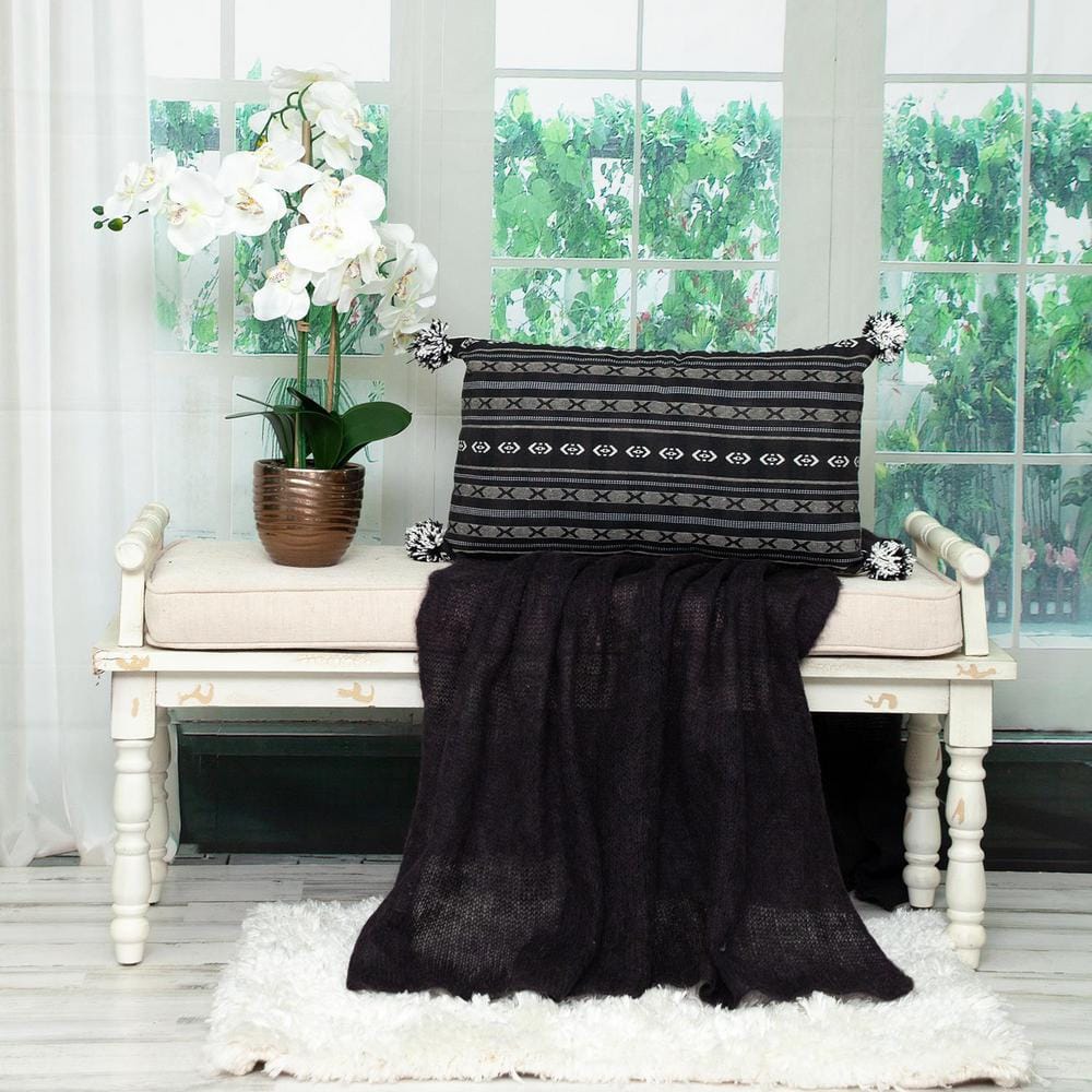 Raven Black and White Cotton Embroidered Throw Pillow