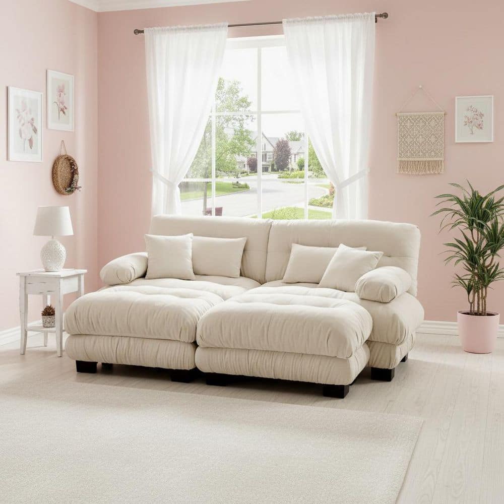 MINH 94.4 in. Pillow Arm 4-piece Chenille Modular Sectional Sofa with Deep Seat and 2 Movable Ottomans in. Cream Beige