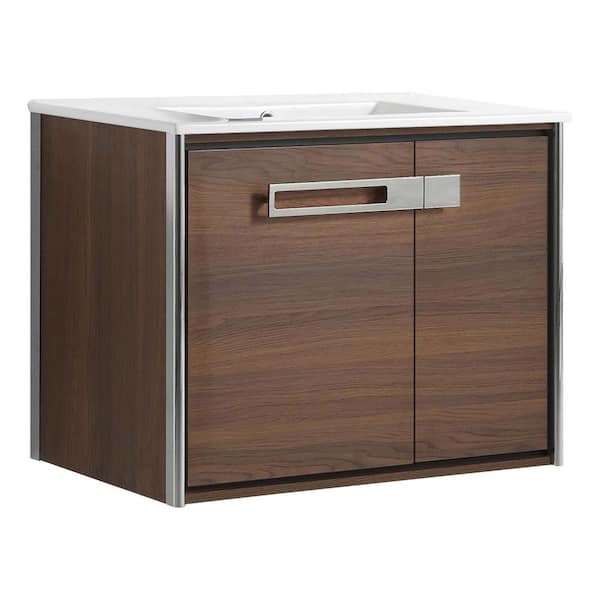 FINE FIXTURES Oakville 30 in. W x 18 in. D x 23.25 in. H Wall Mounted Bathroom Vanity in Brown with White Ceramic Sink Top