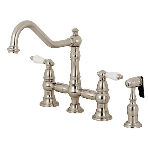 Kingston Brass English Country Double-Handle Deck Mount Gooseneck Bridge  Kitchen Faucet with Brass Sprayer in Brushed Nickel HKS7798PLBS - The Home  Depot