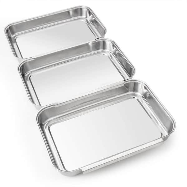 Silver Stainless Steel Breading Pan Set with Interlocking Oven Safe Stackable Design for Marinating Meat Fish 3 Pcs