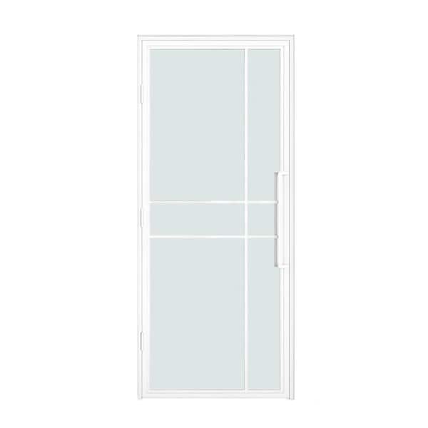 32 in. x 80 in. Left-Handed Frosted Glass White Finished Steel Single Prehung Interior Door with Handles
