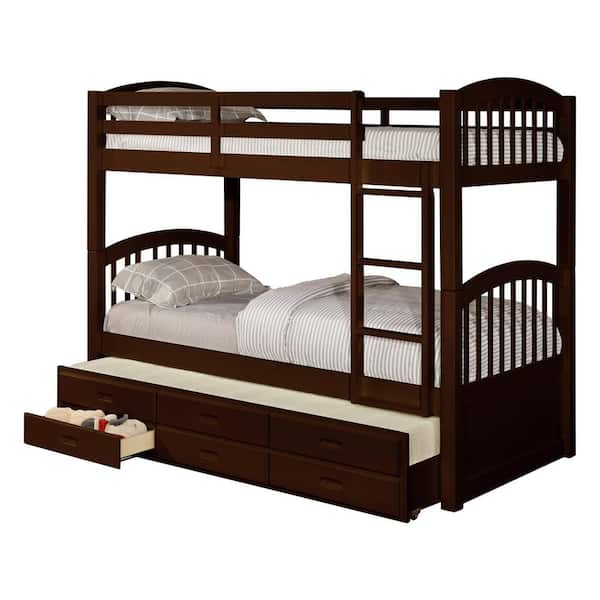Signature Home Brook Espresso Wood Twin Over Twin Bunk Bed with Trundle and 3-Under Bed Storage Drawers