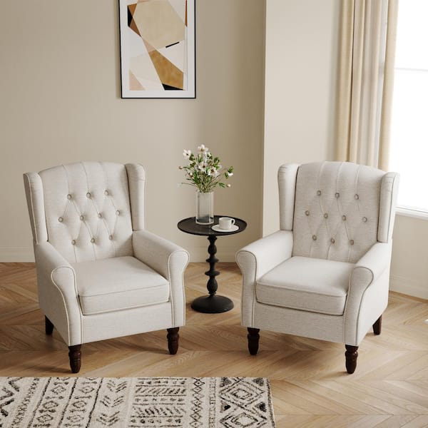 椅子 MARUNIMediterraneanCharles / Setof2 Uixe Beige Linen Button Tufted Design Accent Arm Chair (Set of 2