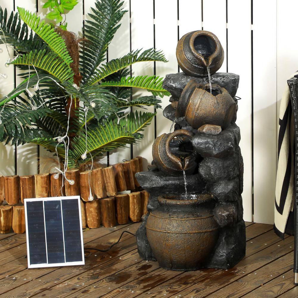 28.3" Brown Resin Solar Powered 4-Tier Water Fountain with LED Lights