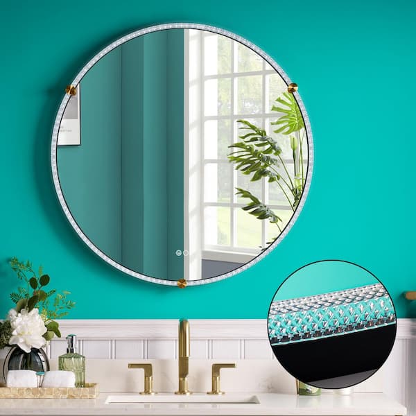 WELLFOR EDNA 32 in. W x 32 in. H Round Acrylic Framed Anti-Fog LED Wall Bathroom Vanity Mirror in Clear