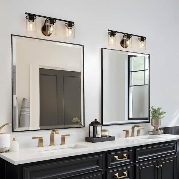 Modern Matte Black Vanity Light 21.75 in. 3-Light Bathroom Powder Room Wall Light with Cylinder Clear Glass Shades